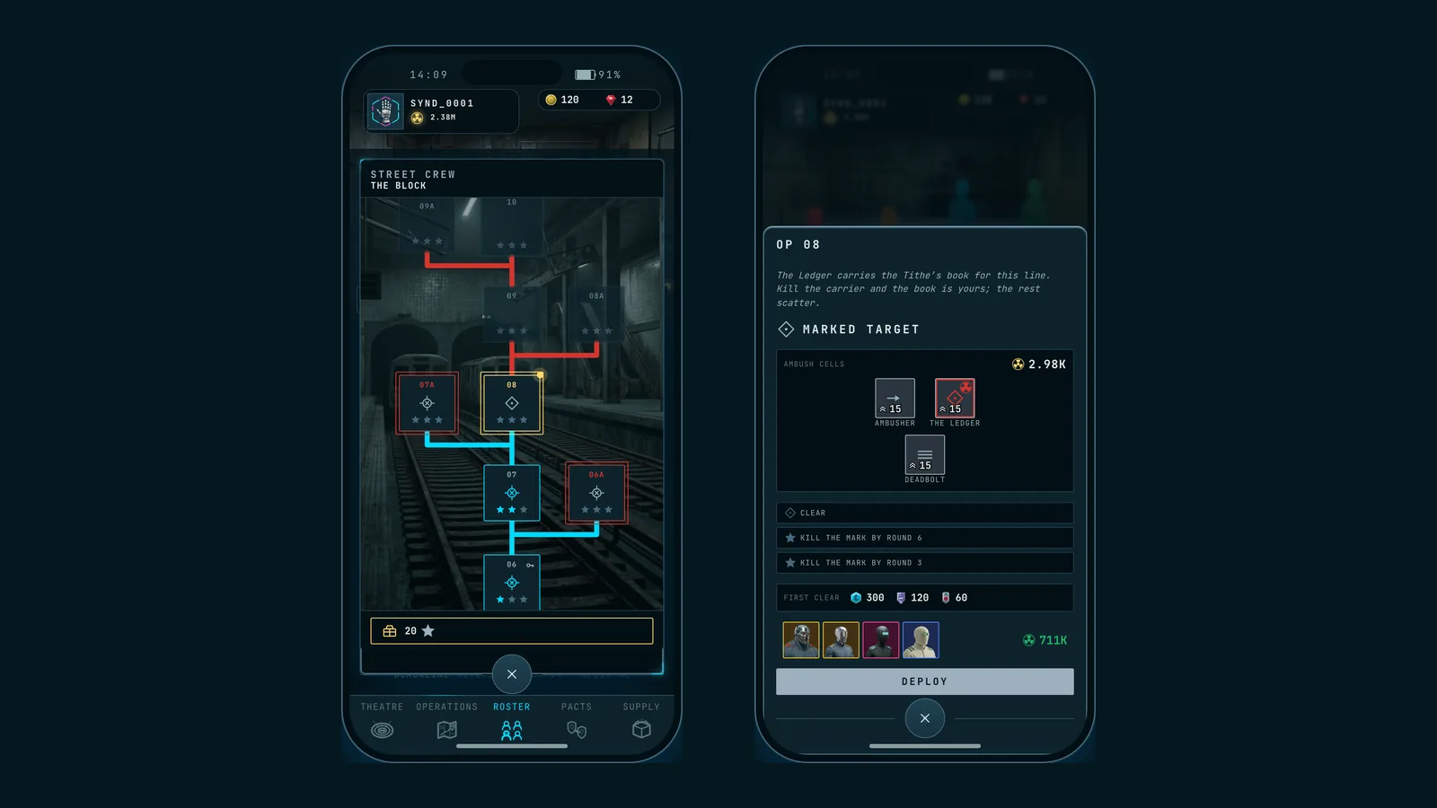 The chapter map with main missions climbing the centre line and side missions hanging off them, and the mission sheet for one node with its marked target, ambush cells, star objectives and first-clear rewards.