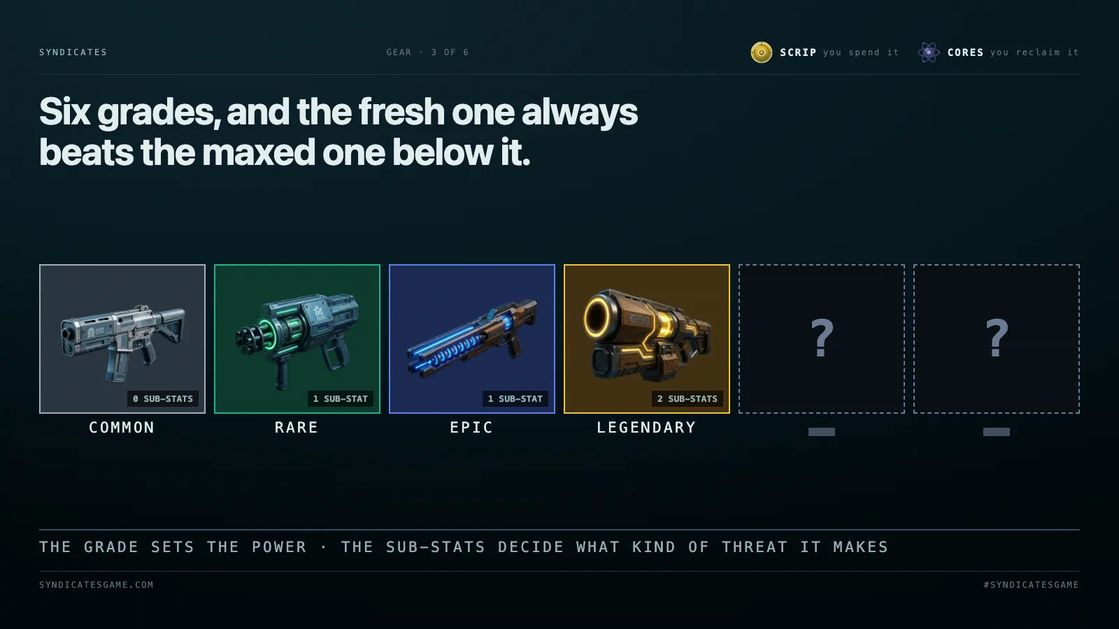 The same weapon at Common, Rare, Epic and Legendary with the sub-stat slots each grade carries, and the top two grades sealed.